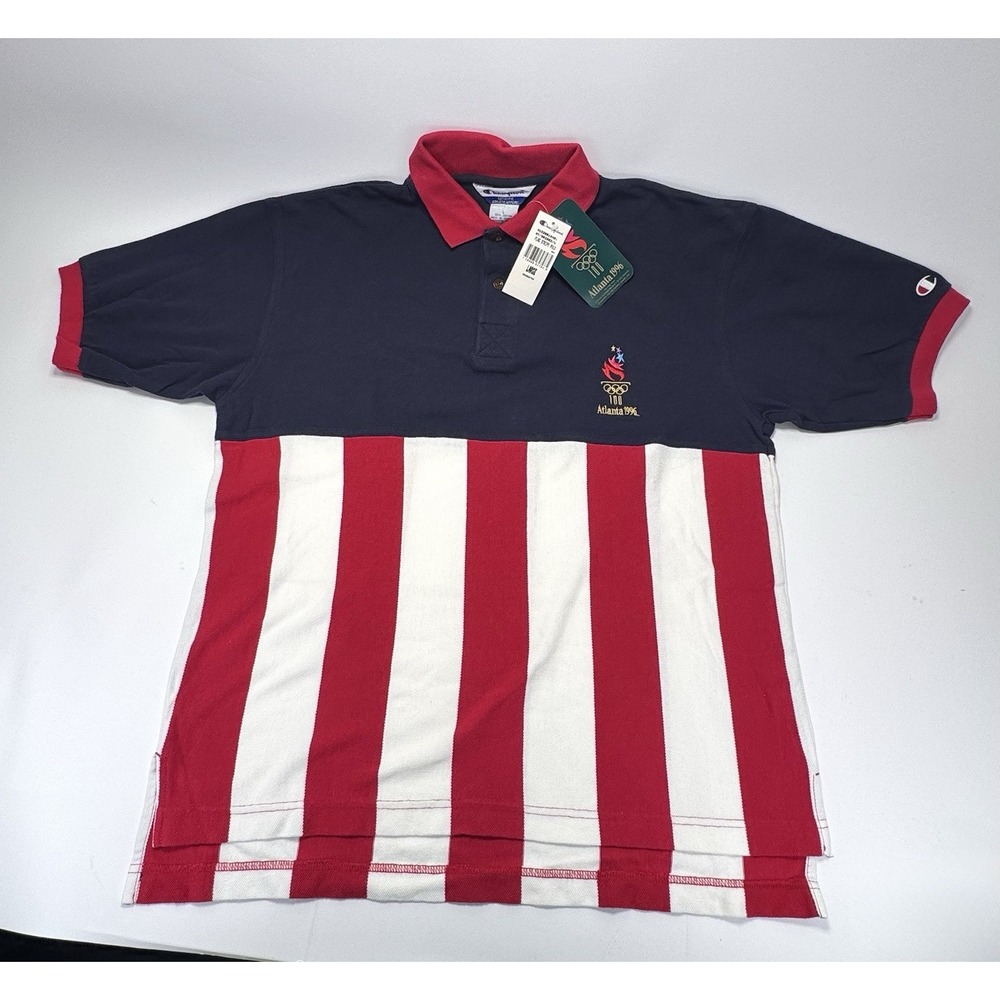 Champion Atlanta 1996 Olympics Polo Shirt USA Flag Stripe L NWT